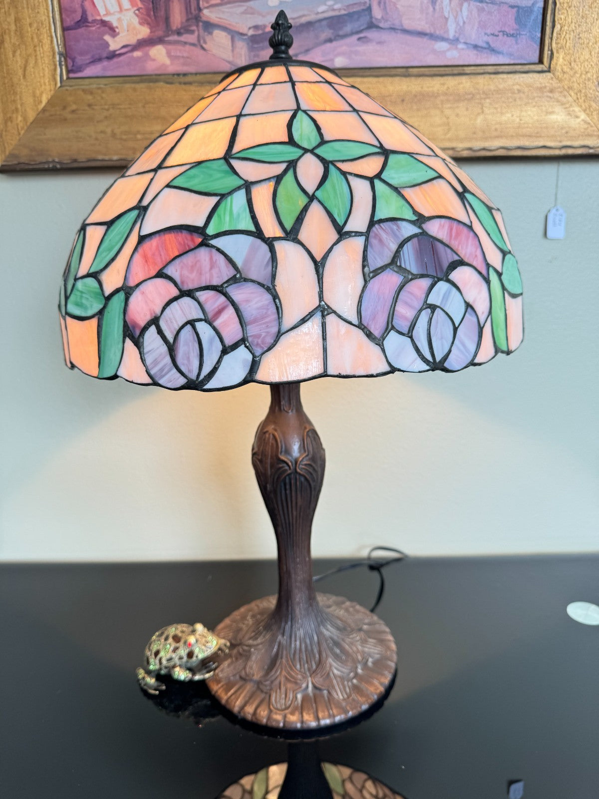 Tiffany-Style Stained Glass Table Lamp with Floral Shade & Bronze-Tone Base – 20