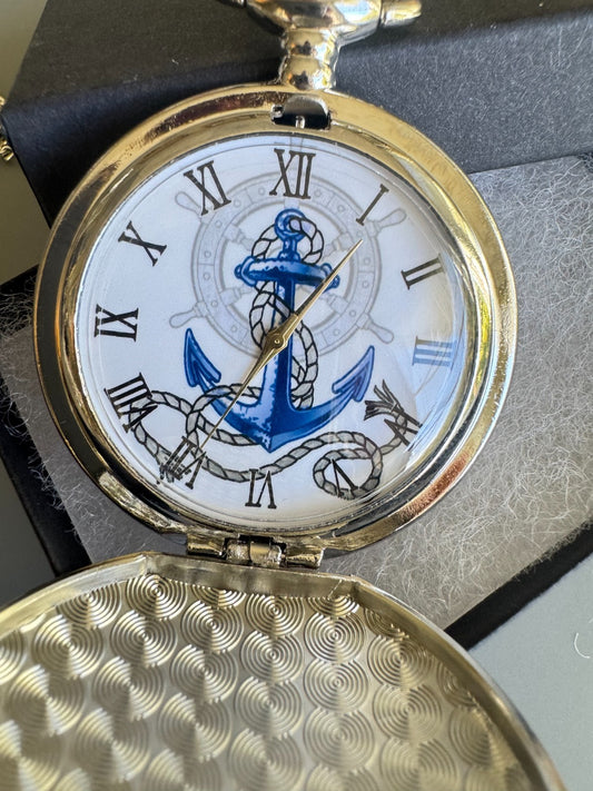 Nautical Anchor Pocket Watch with Chain – Silver & Gold Tone Maritime Design, Gi