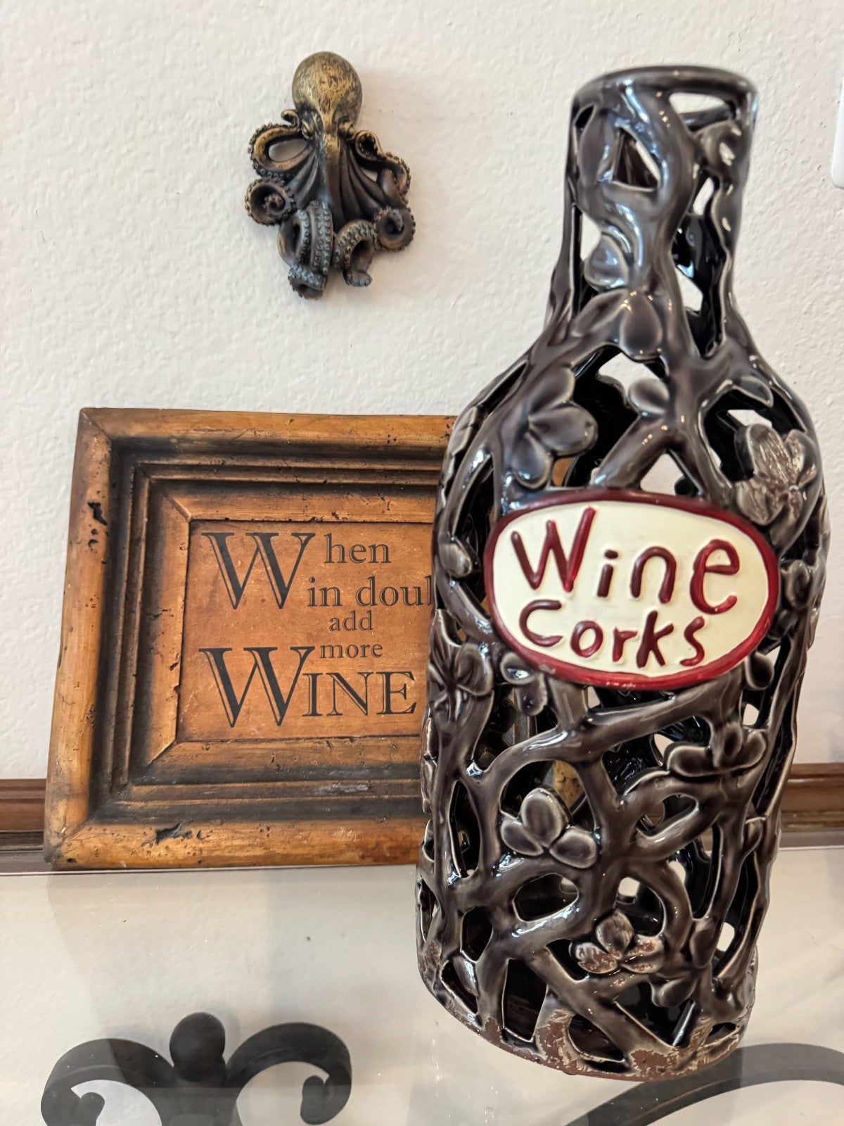 Decorative Ceramic Wine Cork Holder Bottle – Cutout Vine Design, 14” Tall