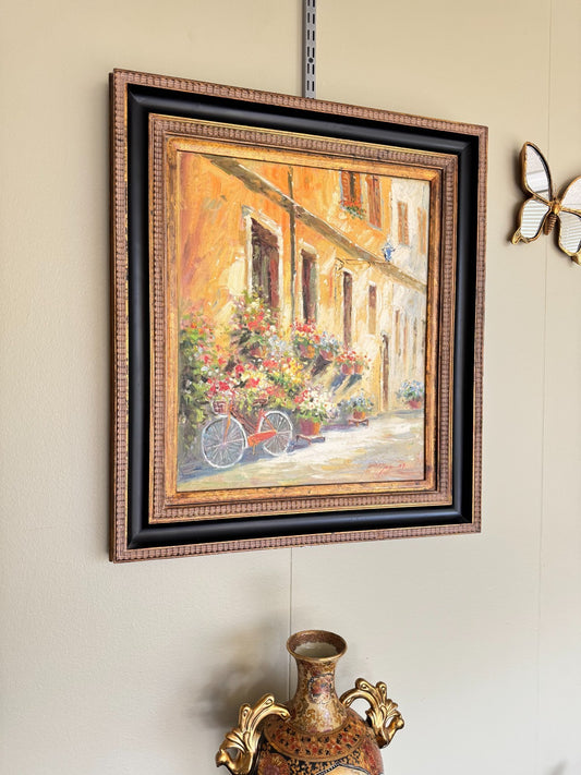 Original Oil Painting on Canvas Street Scene with Bicycle & Flowers – 27x31”
