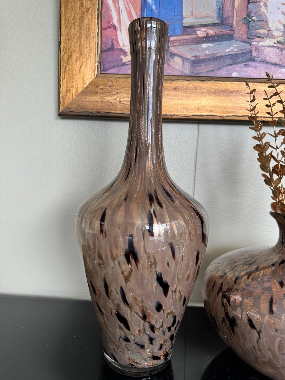Set of 2 Handblown Art Glass Vases –  Modern Speckled Pattern Tall 20, 10in