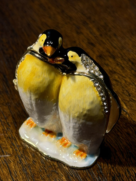 Charming Emperor Pinquin Couple Jewelry Box Crystal Rhinestones Hidden Storage