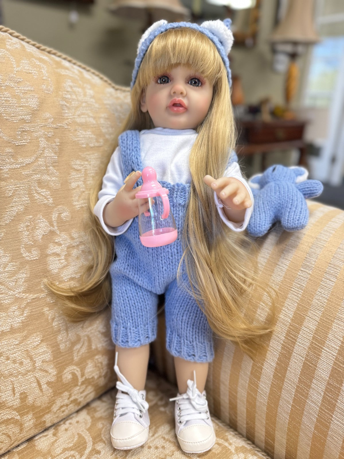 Realistic 20” Reborn Baby Doll  Blonde Hair, Knit Blue Outfit, 20in