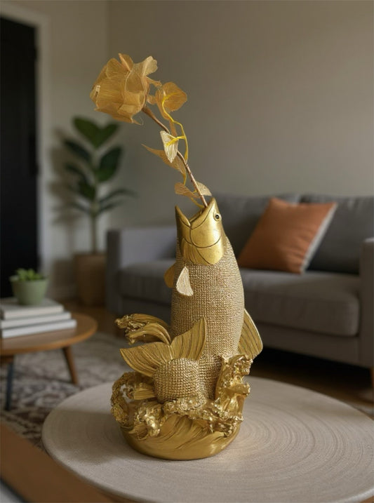 Gold Resin Fish Vase Sculpture – 10” Decorative Art Piece – Nautical Ocean Brand