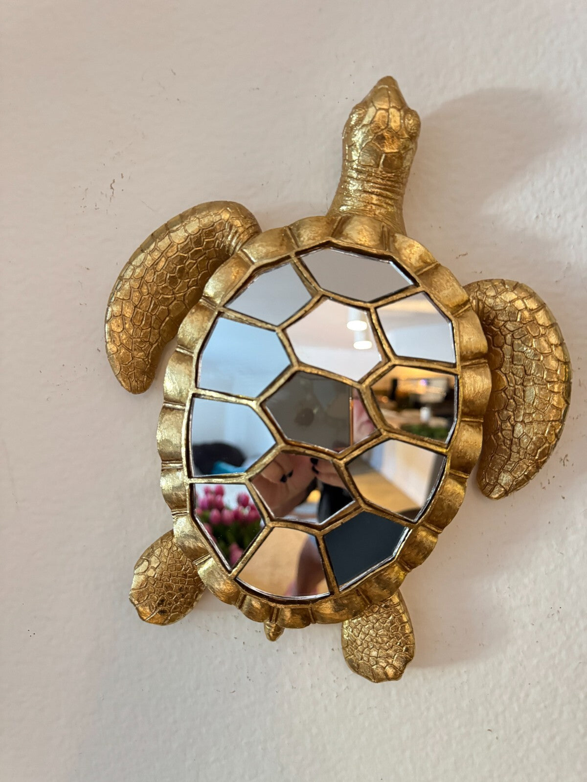 Gold Resin  Sculpture Turtle Wall Mirror – 12” Decorative Hanging Sea Turtle