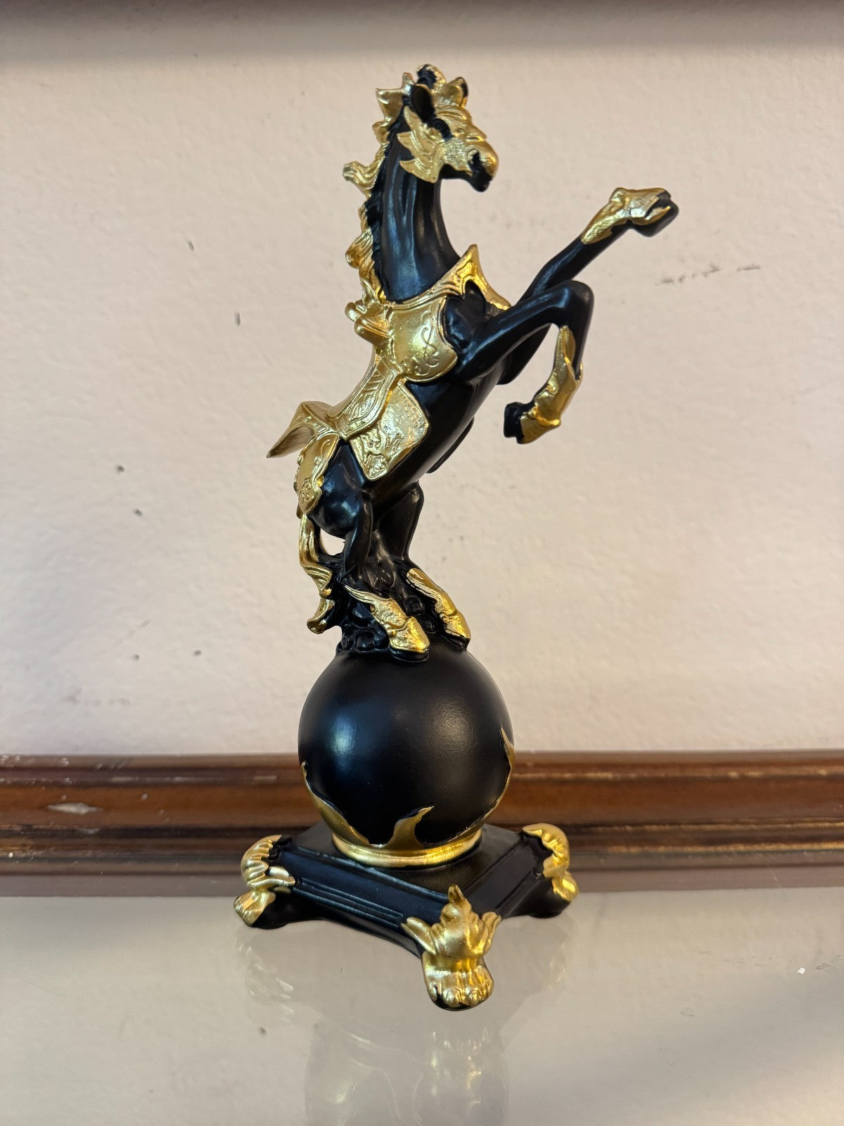 Elegant Black & Gold Rearing Horse Resin Figurine on Globe – 8.5” Tall Decorativ