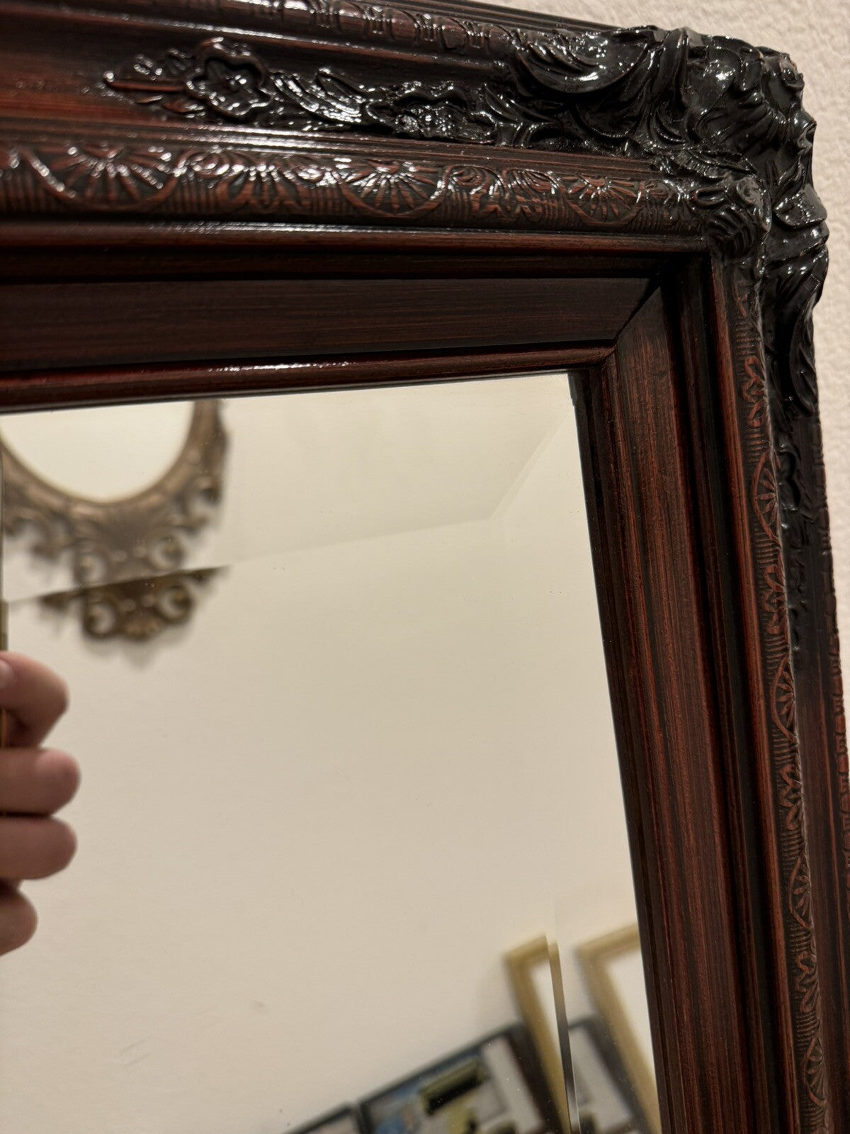 Vintage  Large Mirror Dark Brown Wood Handmade Frame 37” X 47”