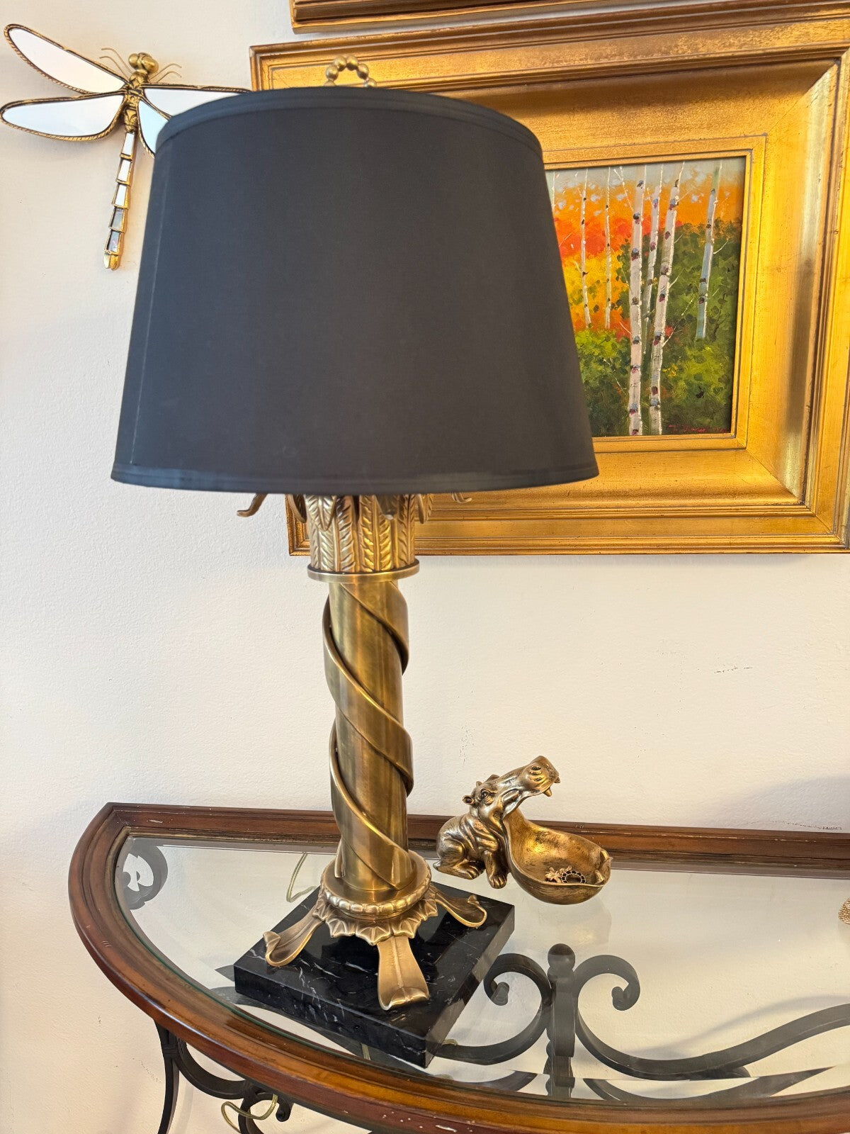 Large Vintage Heavybronz Table Lamp Black Shade Ornate Spiral Design Marble Base