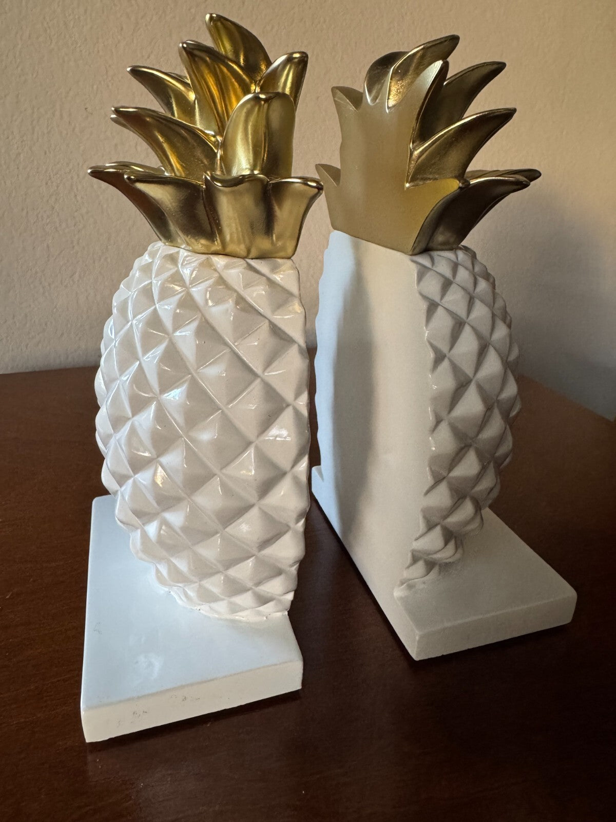 Pineapple Bookends - White Ceramic with Gold Accents, 7 Inches Tall”