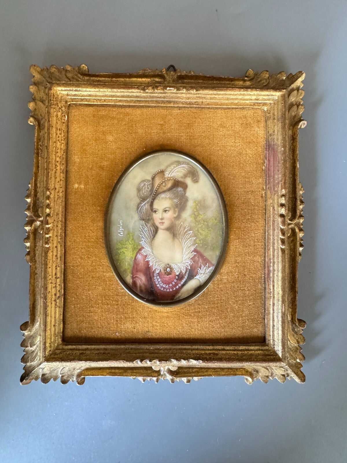Antique Miniature Portrait Painting Signed Calzolari Framed 19th Century