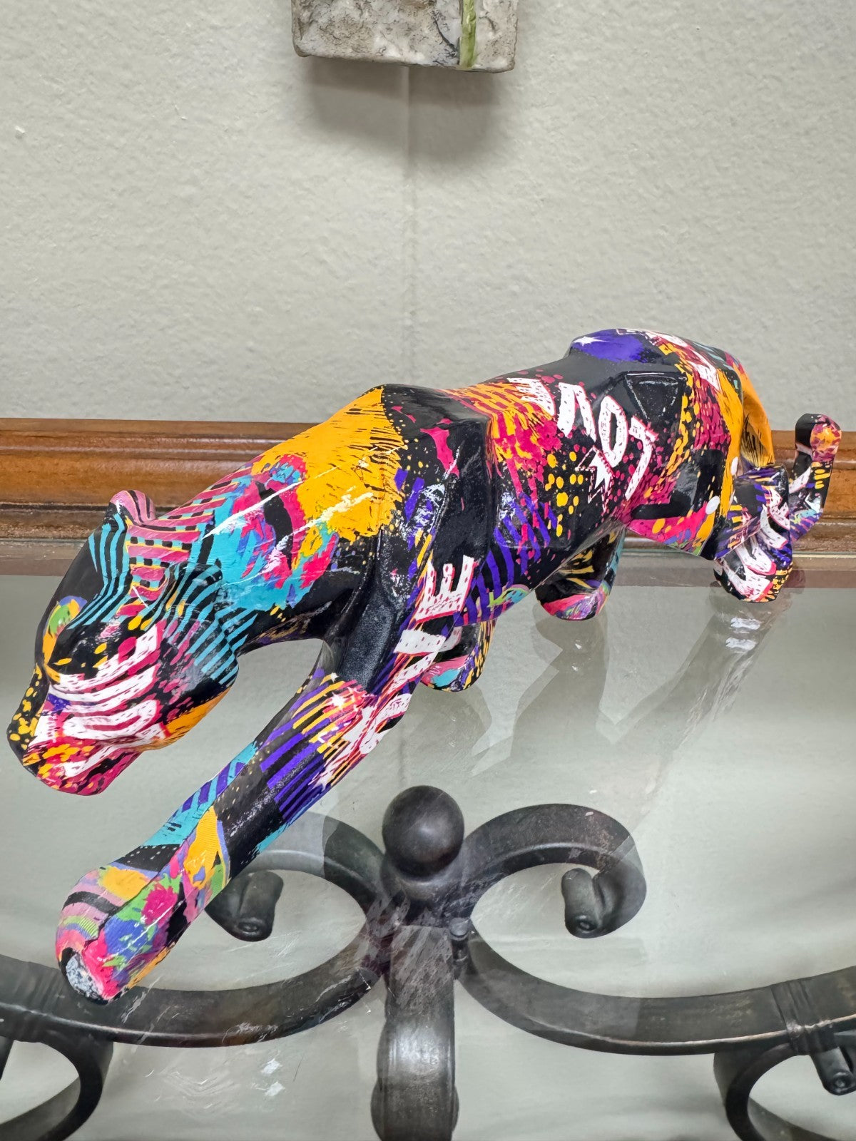 Colorful Abstract Panther Figurine – Modern Pop Art Resin Sculpture, 10” Long