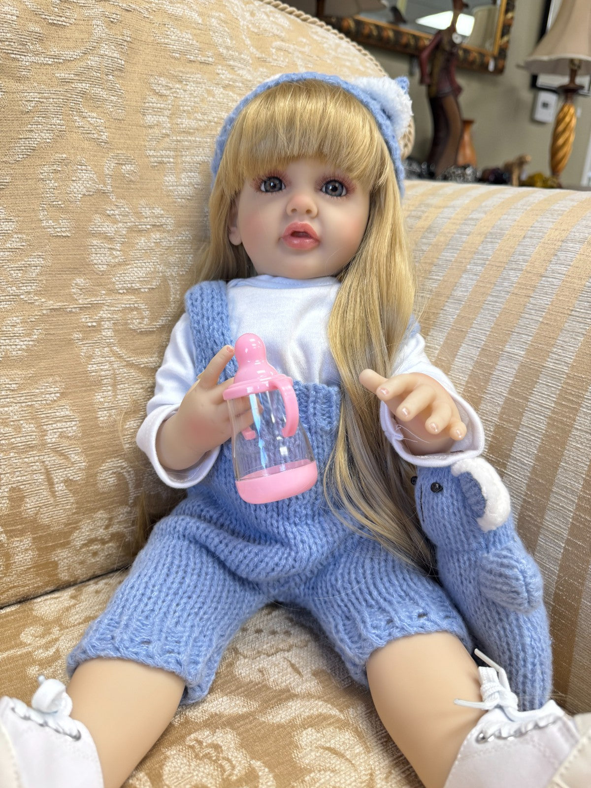 Realistic 20” Reborn Baby Doll  Blonde Hair, Knit Blue Outfit, 20in