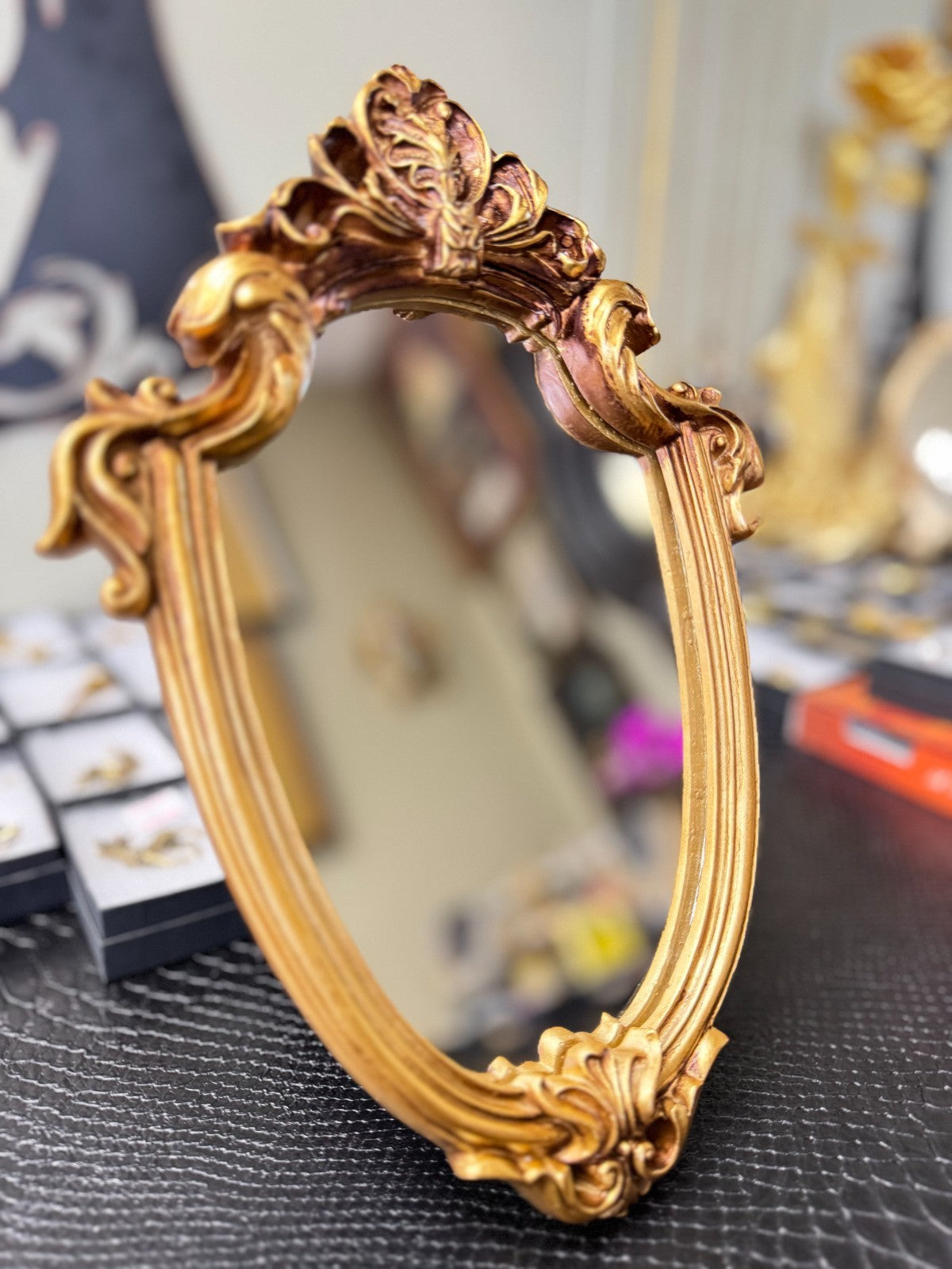 Vintage-Style Ornate Gold Oval Mirror – Baroque Rococo Resin Frame – 11”