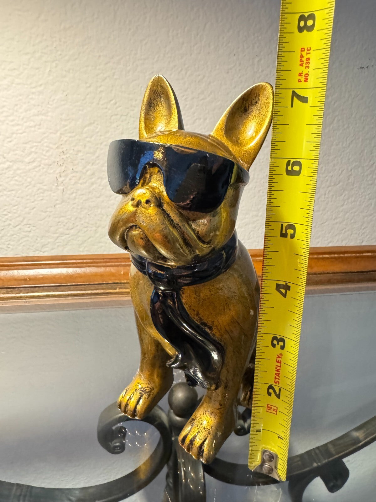 Gold Resin French Bulldog Figurine with Sunglasses & Scarf – Cool Modern Decor.
