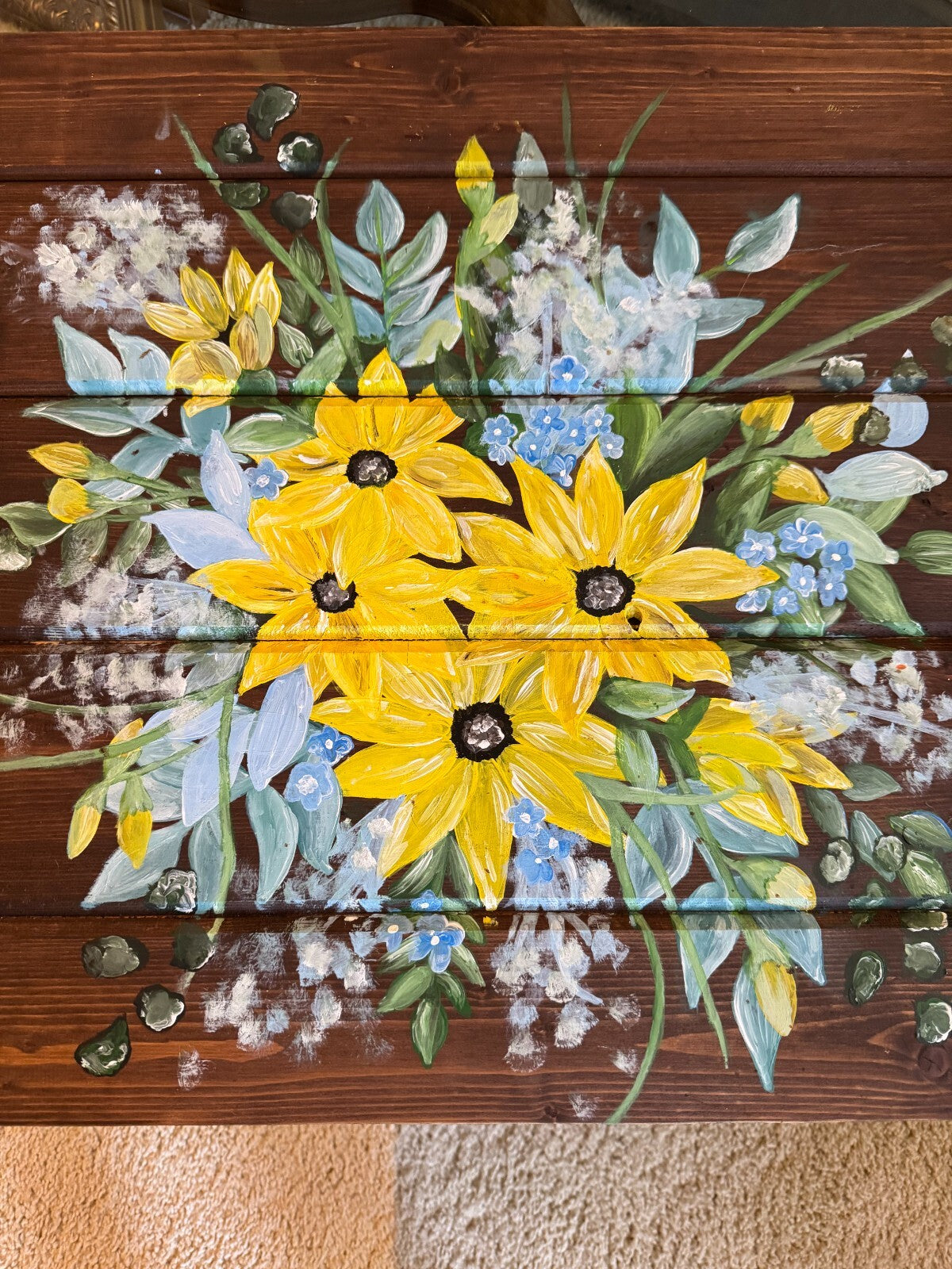Rustic Hand-Painted Wooden Serving Tray – Sunflower Floral Design 29''x22''
