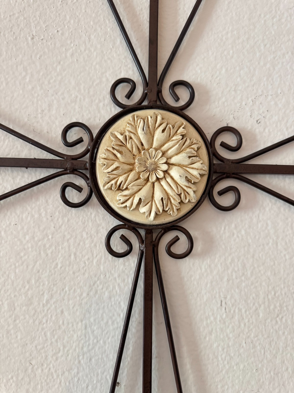 Large Metal Wall Cross with Center Floral Medallion – Scroll Design  27”x19”