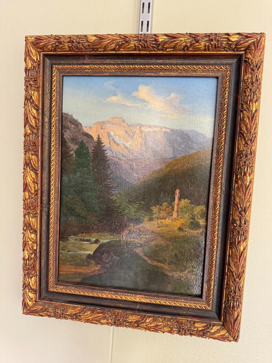 Antique Framed Oil Painting Mountain Landscape with Ruins – Signed, 19th Century