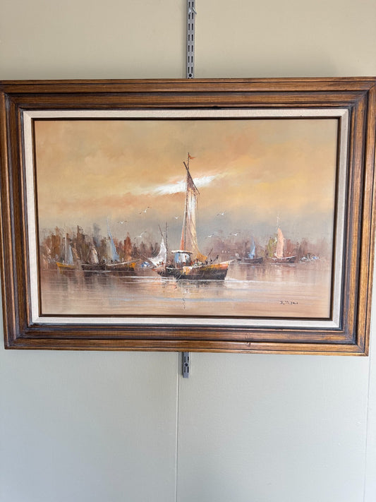 Vintage Original Harbor Sailboat Oil Painting  Canvas Signed “Ziljard” –  30”x44