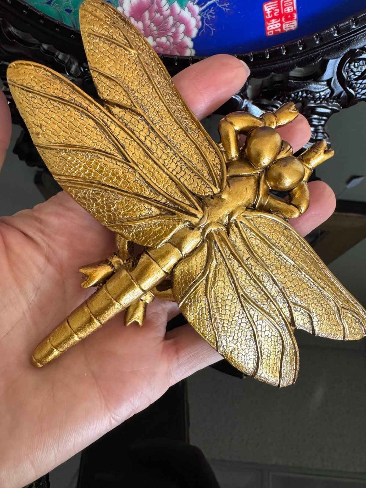 Golden Dragonfly Wall Decor – Textured Resin Insect Sculpture, 5” Hanging Art