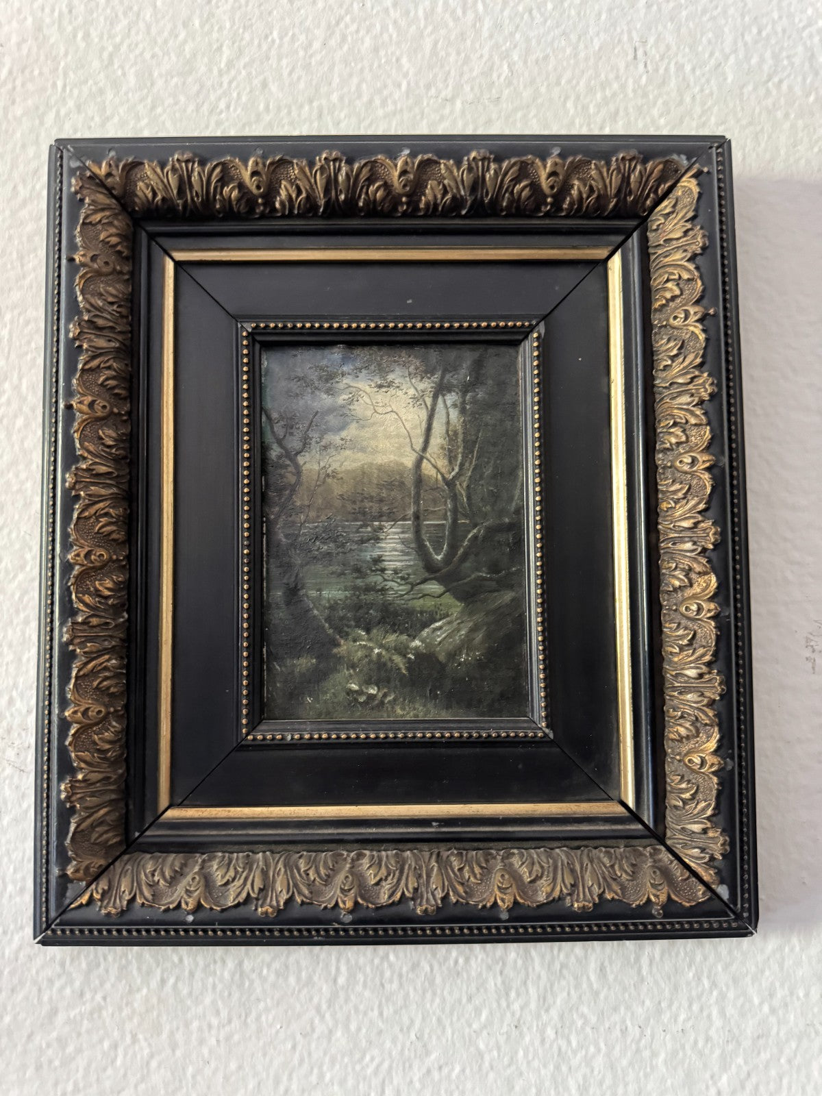 Antique Framed Oil Painting – Woodland River Landscape – Ornate Black & Gold Fra