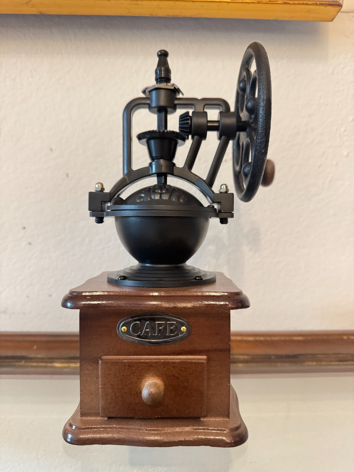 Vintage-Style Manual Coffee Grinder Cast Iron & Wood Hand Crank Mill “CAFE” 9”