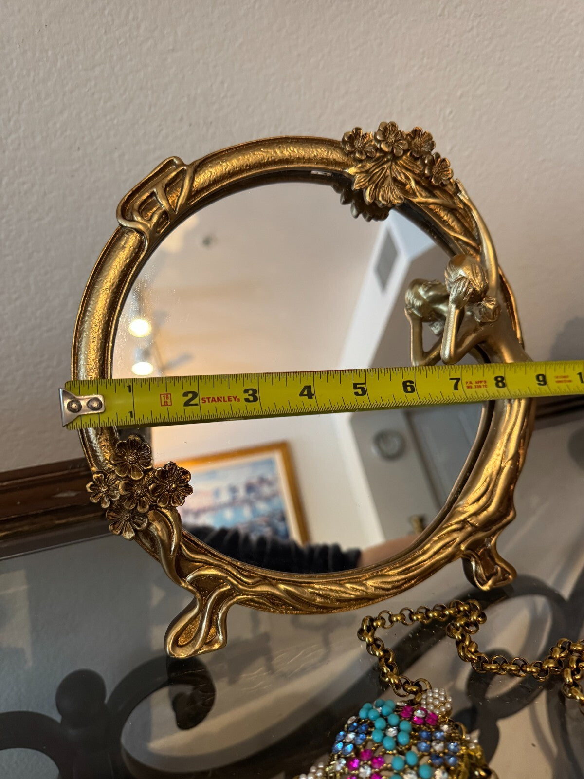 Vintage Art Nouveau Style Resin Vanity Mirror Woman & Floral Motif 9” Gold