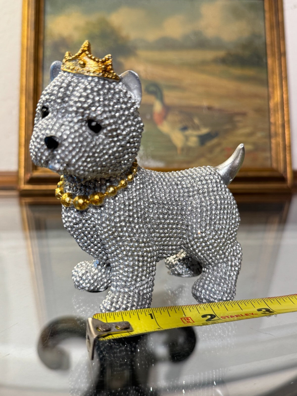 Luxury Rhinestone Dog Figurine with Crown & Necklace – Sparkling Resin Decor
