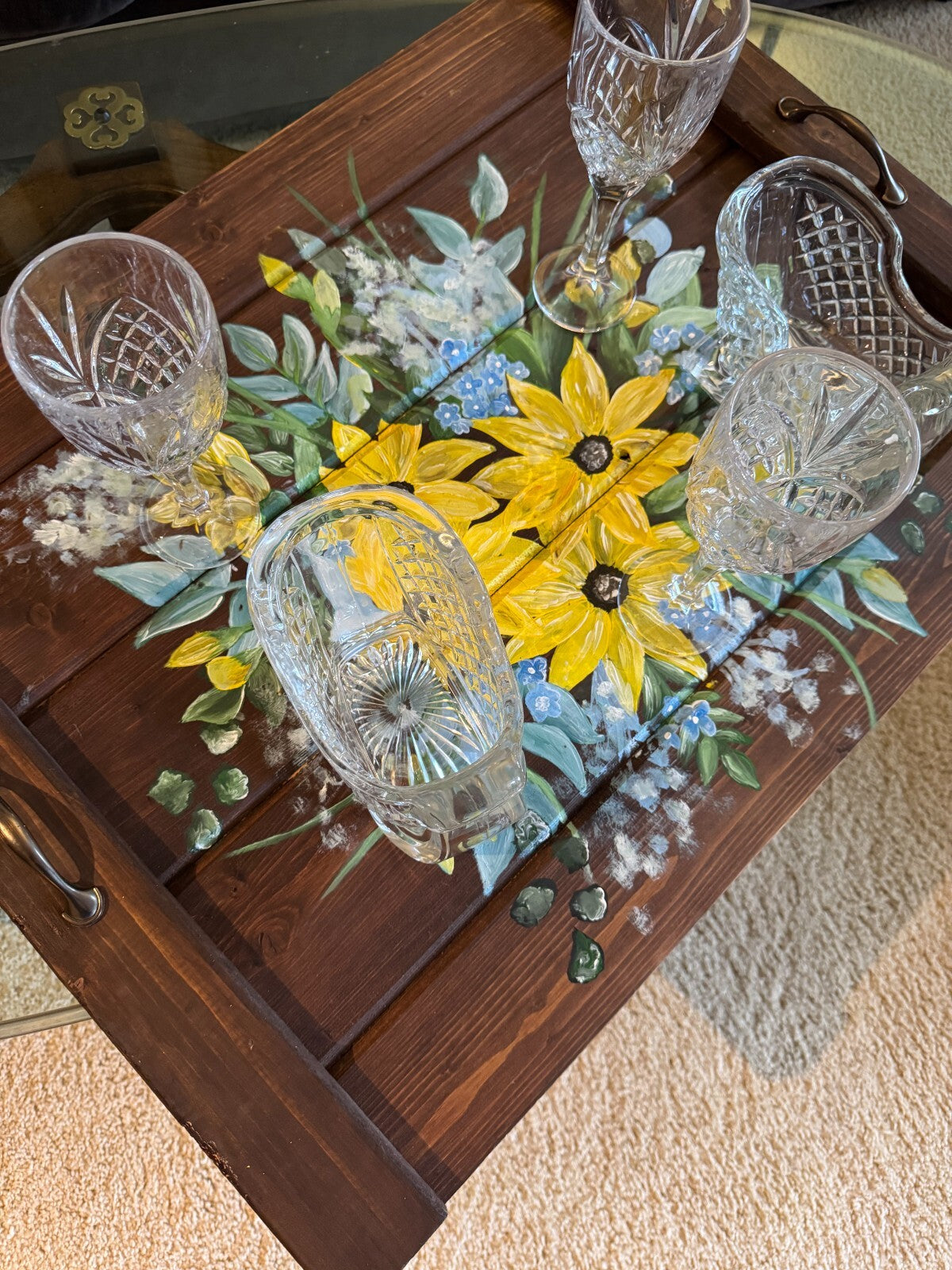 Rustic Hand-Painted Wooden Serving Tray – Sunflower Floral Design 29''x22''