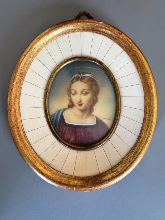 Antique Hand-Painted Porcelain Portrait Plaque of Madonna Signed “Herms” Gilded