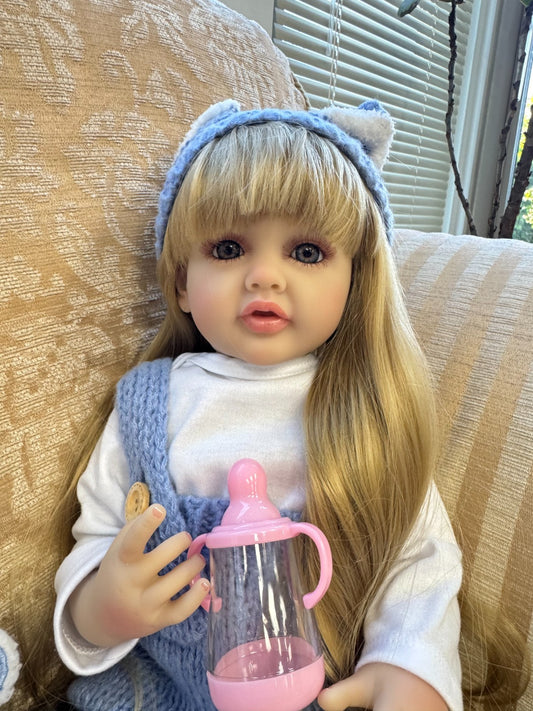 Realistic 20” Reborn Baby Doll  Blonde Hair, Knit Blue Outfit, 20in