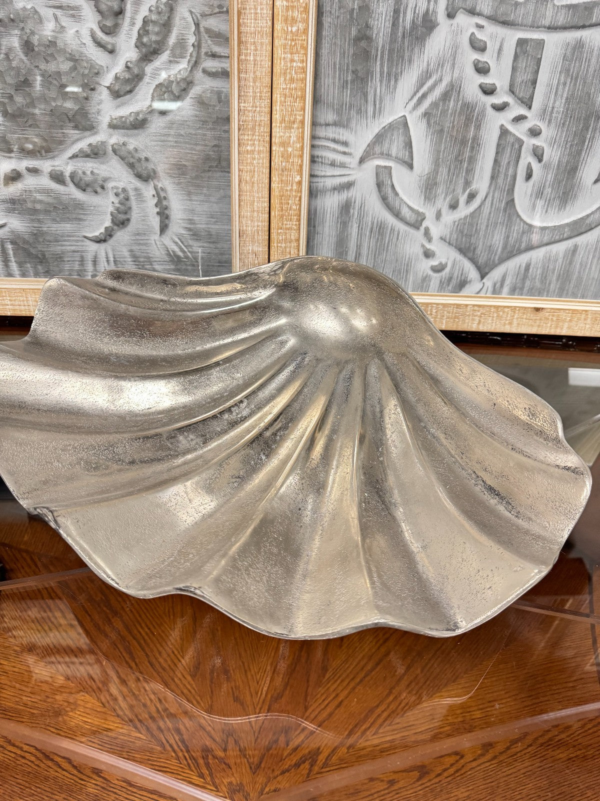 Large Silver Aluminum Clam Shell Bowl Decorative Centerpiece – 18”x14” Coastal S