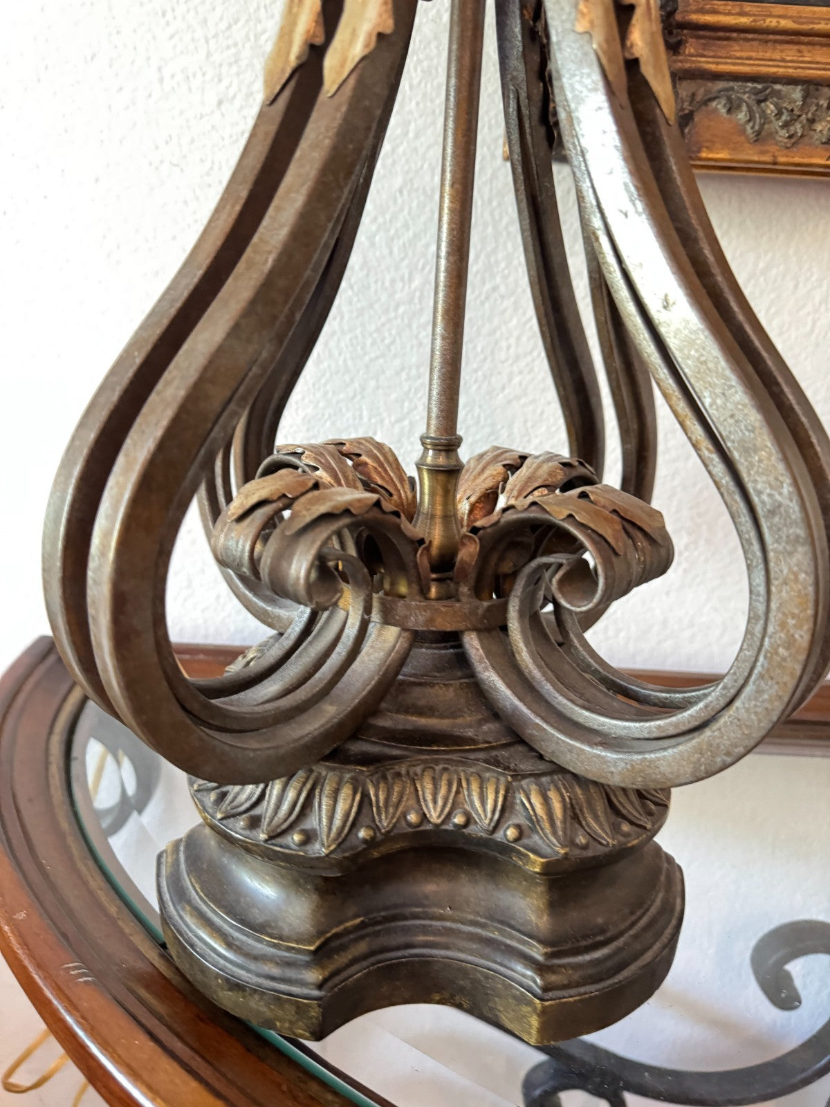 Vintage Metal Stiffel Candelabra Lamp With Ornate Leaf Detailing & Fabric Shade