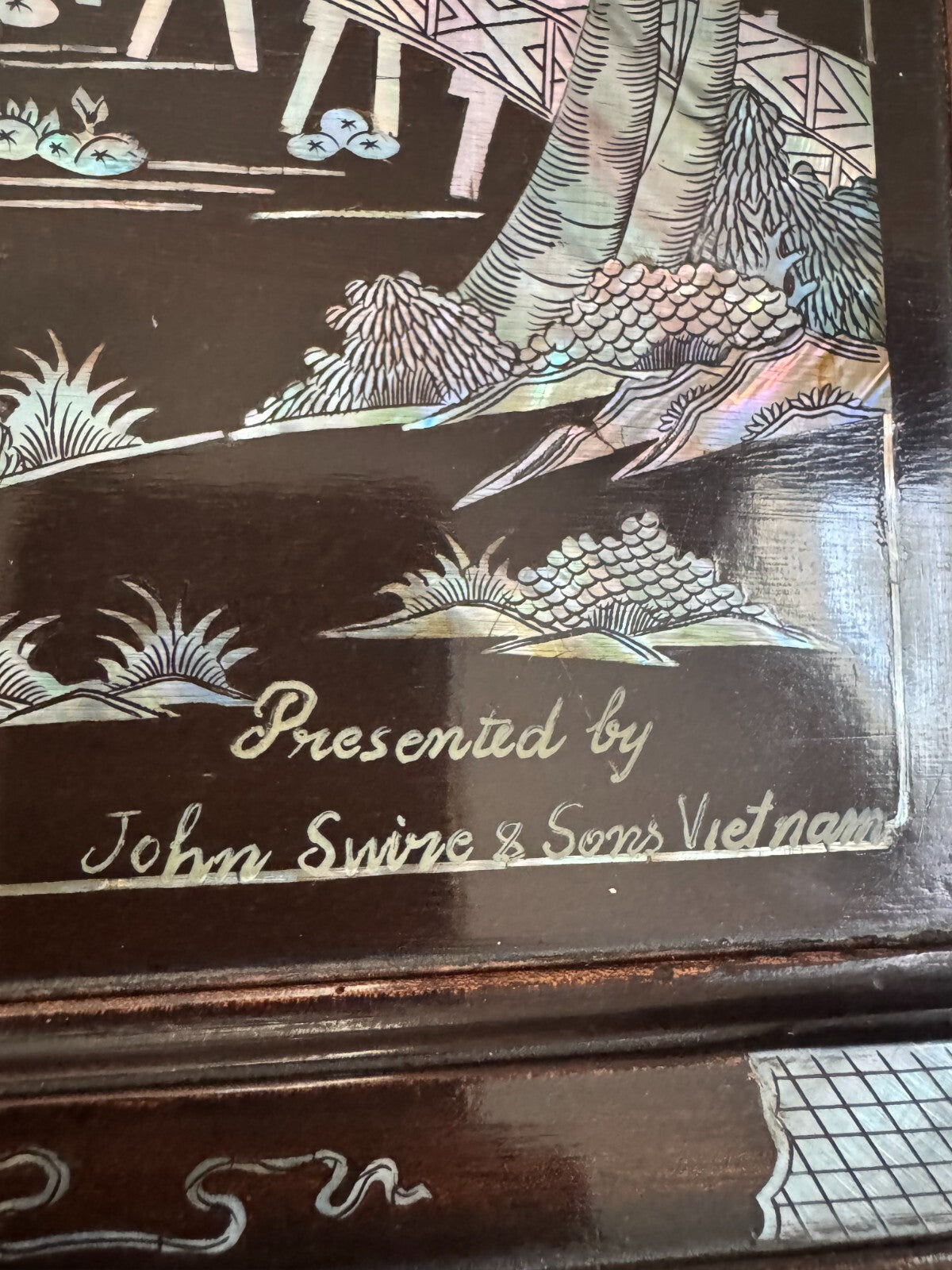 Vintage Vietnamese Mother of Pearl Inlay Lacquer Panel – 12x15”