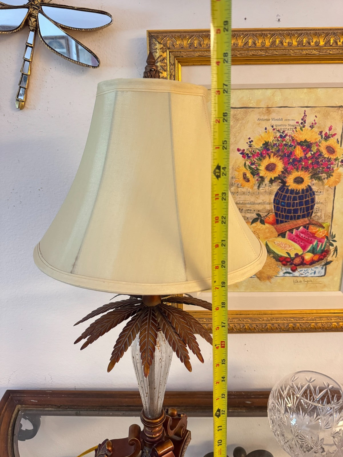 Vintage Tropical Palm Leaf Table Lamp with Fabric Shade  28” Ornate Resin & Glam