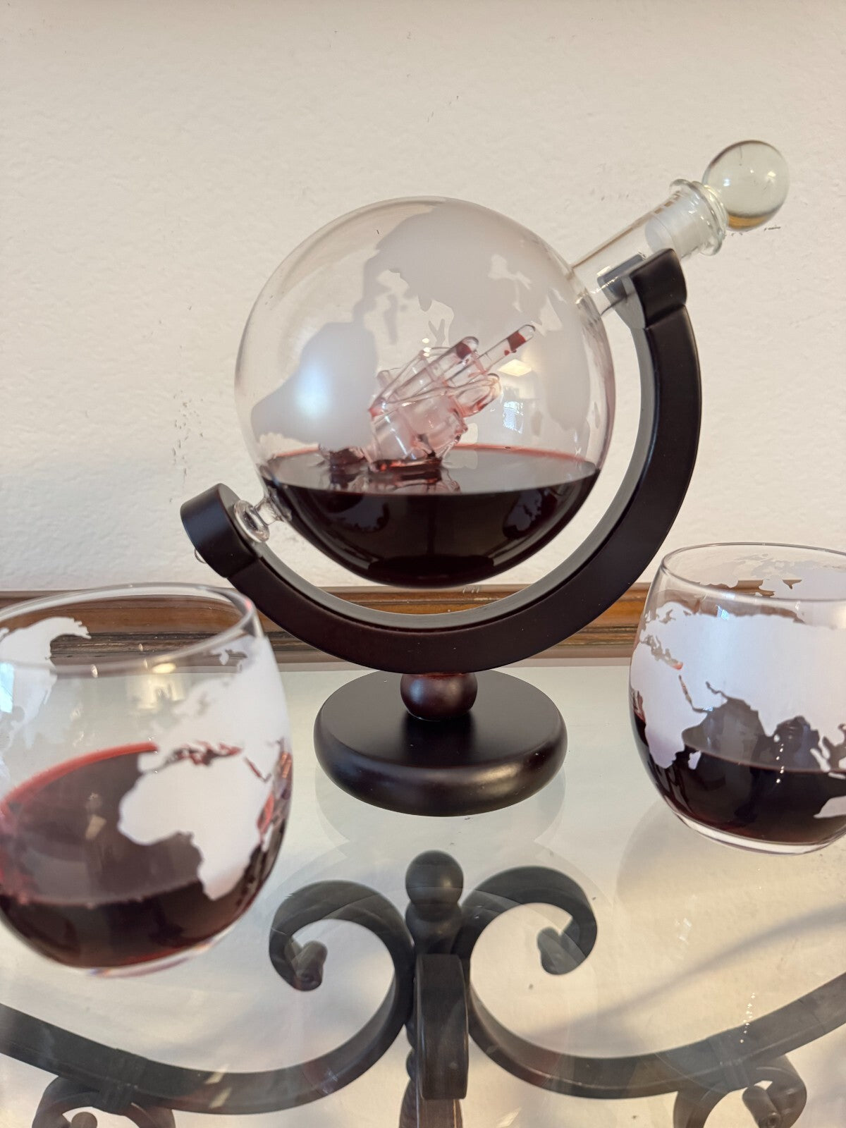 Whiskey Decanter Globe Set with Ship Inside + 2 Etched Glasses – World Map