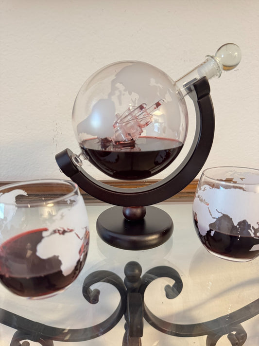 Whiskey Decanter Globe Set with Ship Inside + 2 Etched Glasses – World Map