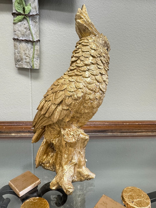 Gold Resin Cockatoo Parrot Figurine Sculpture on Tree Stump – 9” Tall Home Décor