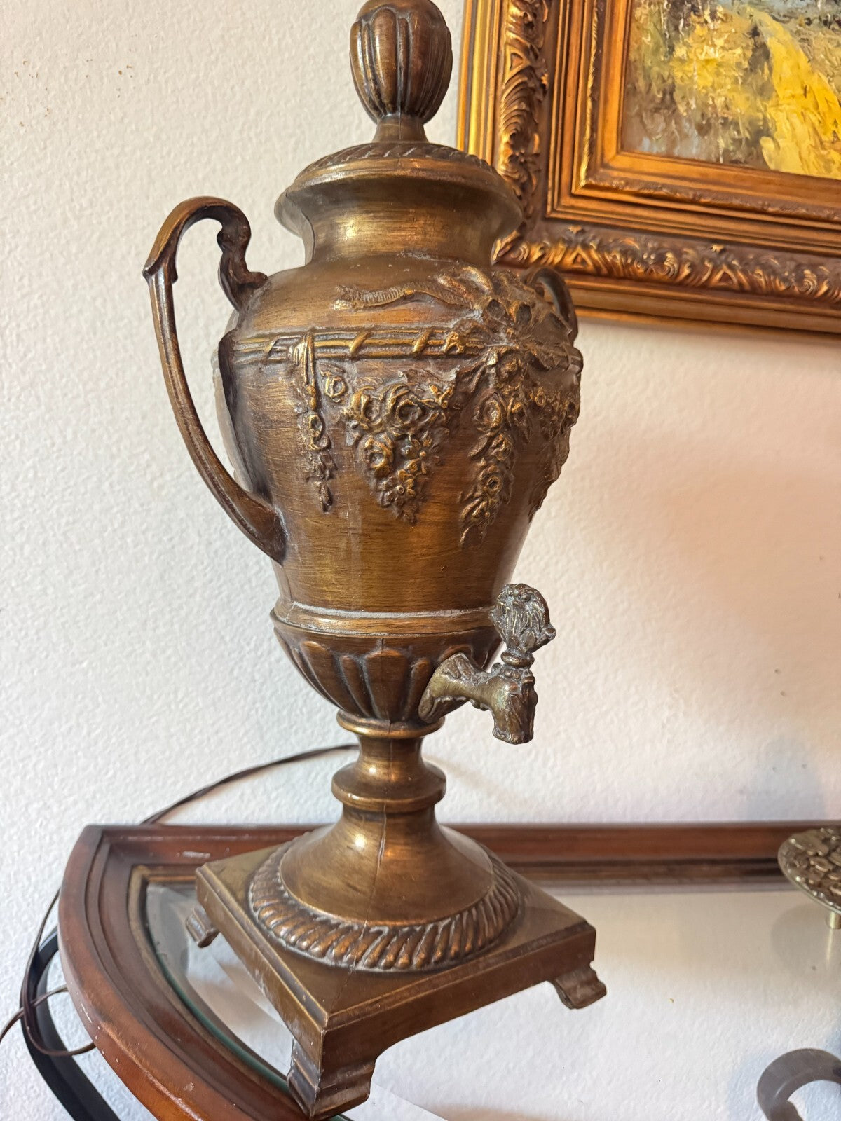 Vintage Bronze-Style Samovar Table Lamp with Spigot & Shade – 35” Tall