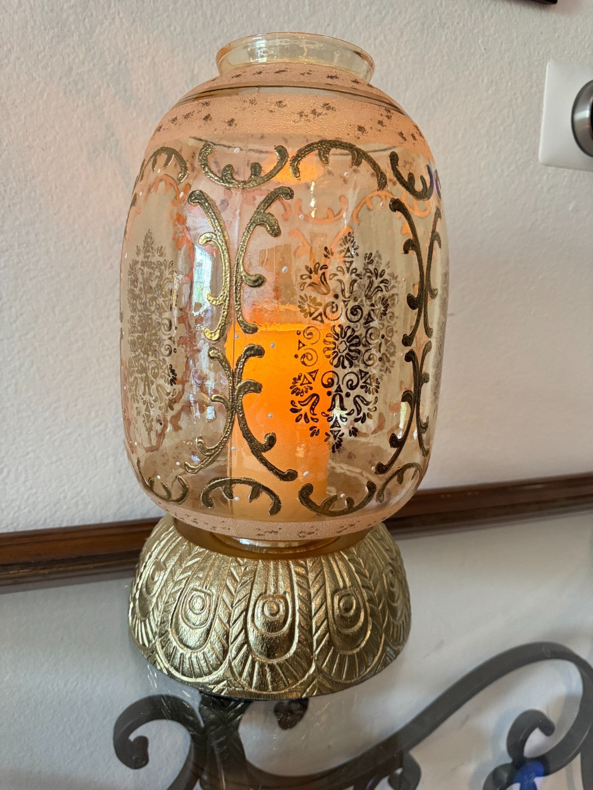Glass Hurricane Candle Holder with Gold Embossed Pattern Tall 14