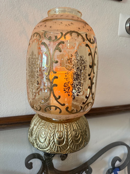 Glass Hurricane Candle Holder with Gold Embossed Pattern Tall 14