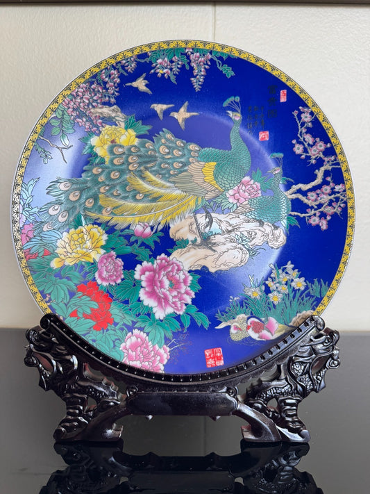 Vintage Chinese Peacock Decorative Ceramic Plate with Wooden Display Tall 11