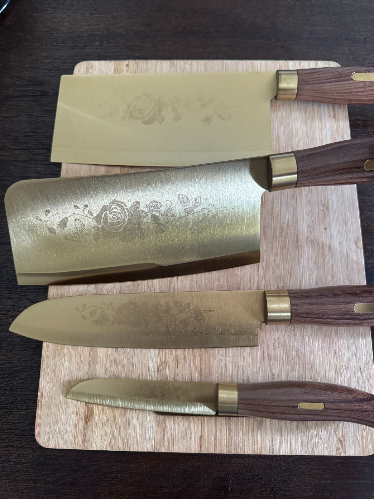 Elegant 4Piece Gold Knife Set with Floral Engraving Wooden Handles Chef, Santoku