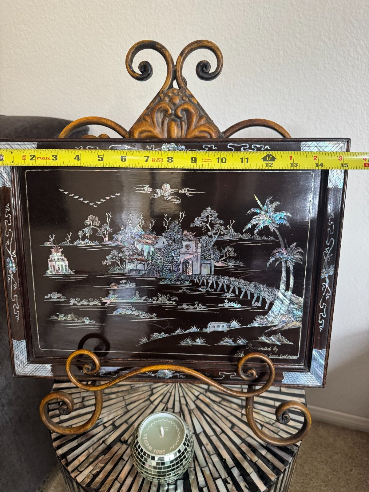 Vintage Vietnamese Mother of Pearl Inlay Lacquer Panel – 12x15”