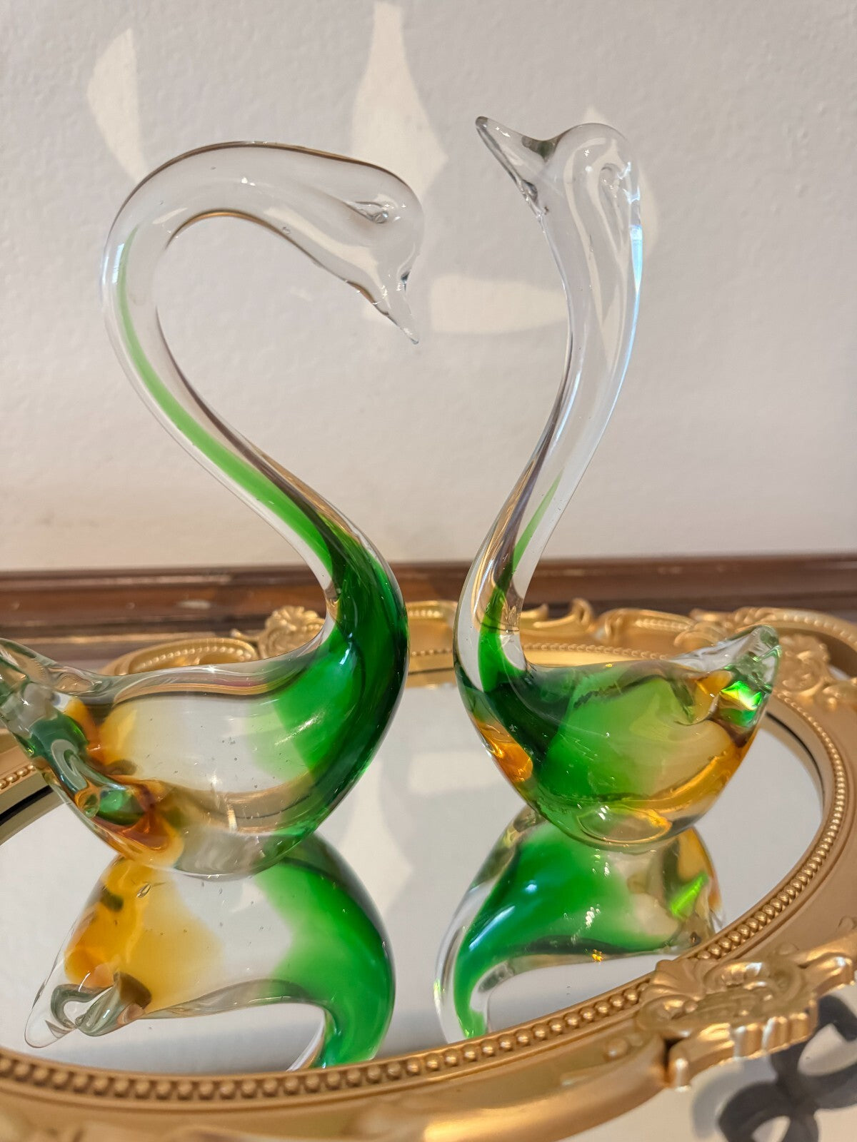Vintage Murano Verti Blown Art Glass Swan Bird Figure Green Yellow Italy Tall 7.