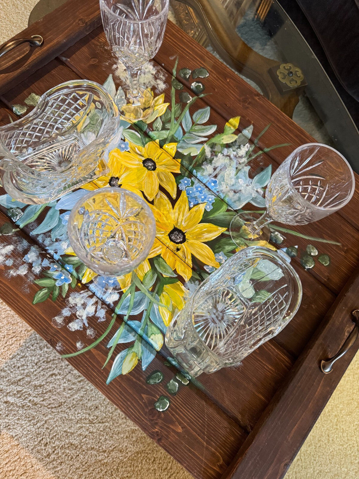 Rustic Hand-Painted Wooden Serving Tray – Sunflower Floral Design 29''x22''