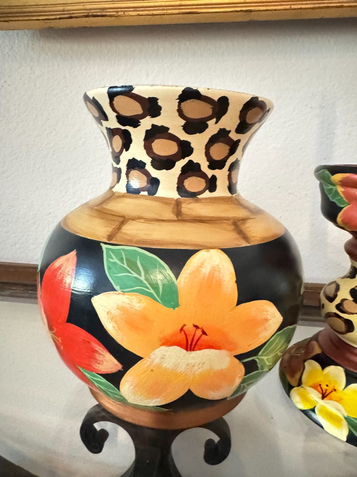 Anita Rosenberg Hand-Painted Ceramic Vase & Candle Holder Set – Leopard Floral