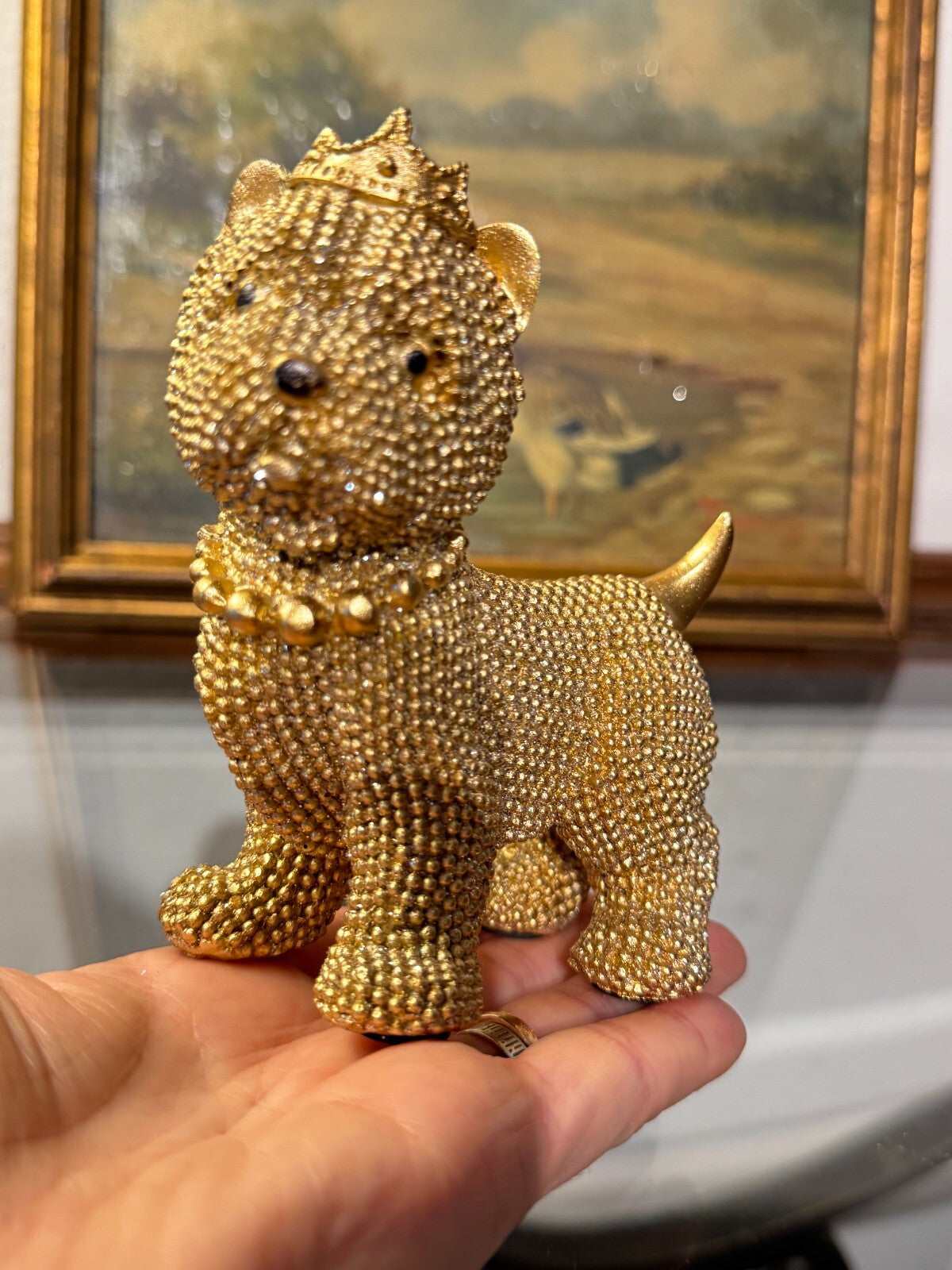 Luxury Rhinestone Dog Figurine with Crown & Necklace – Sparkling Resin Decor