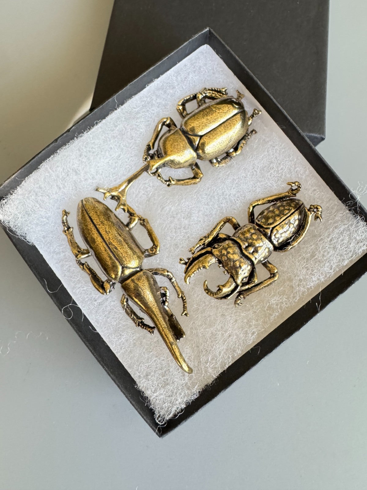 3 pcs Exquisite Brass Beetle Mini Statue. Home Decor . Gift Box Include