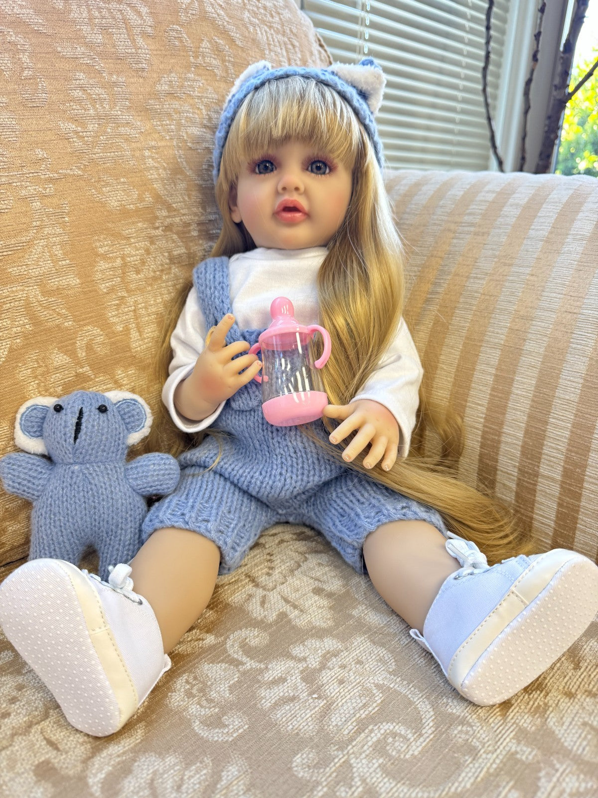 Realistic 20” Reborn Baby Doll  Blonde Hair, Knit Blue Outfit, 20in