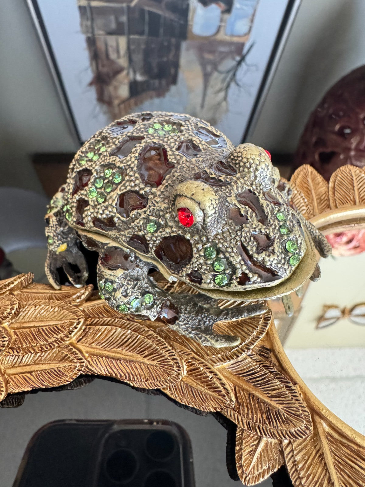Jeweled Frog Trinket Box with Green Rhinestones & Red Eyes Vintage Style
